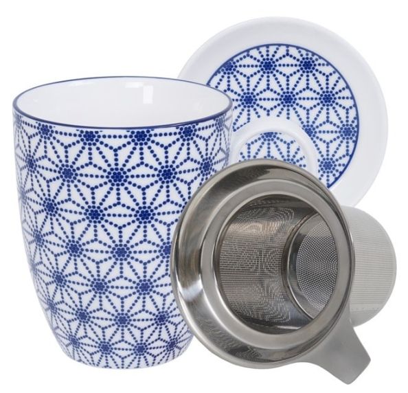 Tisanière porcelaine motifs étoiles bleu marine avec soucoupe et infuseur